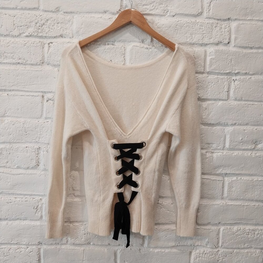 Vintage Victorias Secret Open Back Sweater S Beige Wool Alpaca Blend Velvet Bow